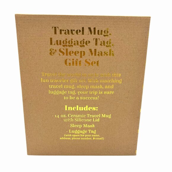 NIB TRAVEL MUG W/ LID LUGGAGE TAG & SLEEP MASK PINK & ORANGE GIFT SET BON VOYAGE - Picture 3 of 4